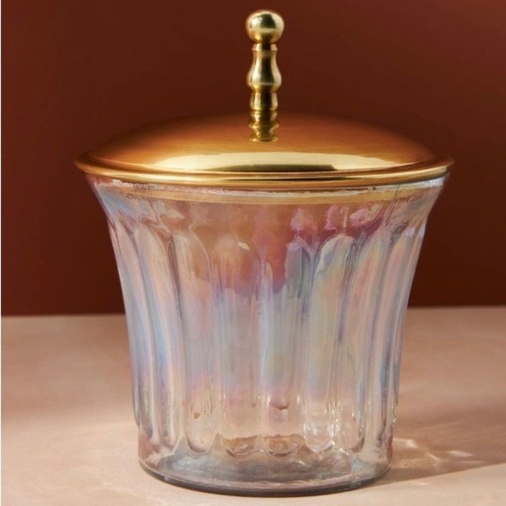 Anthropologie Lustrous Canister Iridescent Glass Gold Lid Vanity Jar 6.5H"x3.25"